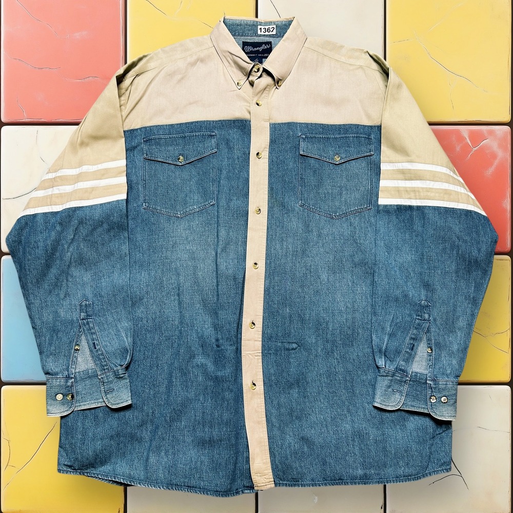 VTG 90S Wrangler Mens 2XT Blue Tan Colorblock Western Denim Button Up Shirt USA